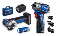 ЗУБР КОМБИ #5 набор: модульная дрель-шуруповерт + мини УШМ + LED фонарь, BRUSHLESS, 12 В, 45 Н·м, 2 АКБ тип Т7 (4 и 2 А·ч), кейс, Профессионал (DB-125