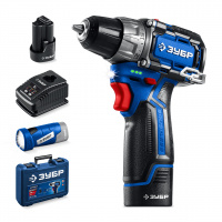 ЗУБР КОМПАКТ #4, набор: дрель-шуруповерт + LED фонарь, BRUSHLESS, 12 В, 45 Н·м, 2 АКБ тип Т7 (2 А·ч), кейс, Профессионал (DB-121-22F)