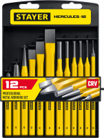 STAYER Hercules, 12 предметов, набор зубил и кернеров в пластиковом держателе, Professional (21077-H12)