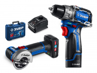 ЗУБР КОМПАКТ #5, набор: дрель-шуруповерт + мини УШМ + LED фонарь, BRUSHLESS, 12 В, 45 Н·м, 2 АКБ тип Т7 (4 и 2 А·ч), кейс, Профессионал (DB-121-42AB)