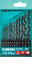 СИБИН 13 шт, (1.5-6.5 мм), быстрорежущая сталь, класс В, набор сверл по металлу (29610-H13)