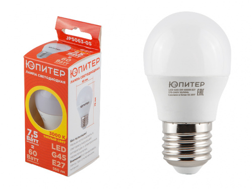 Лампа светодиодная G45 ШАР 7,5 Вт 170-240В E27 3000К ЮПИТЕР