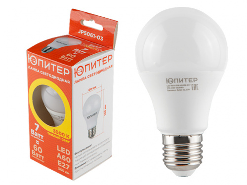 Лампа светодиодная A60 СТАНДАРТ 7 Вт 170-240В E27 3000К ЮПИТЕР